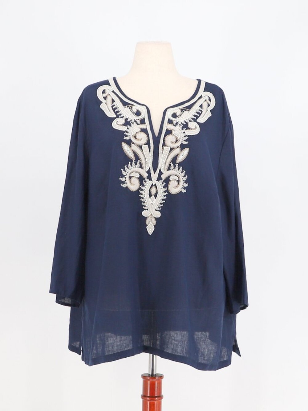 CHARTER CLUB  100% Linen Embellished Embroidered Tunic Top in Navy Size 3X